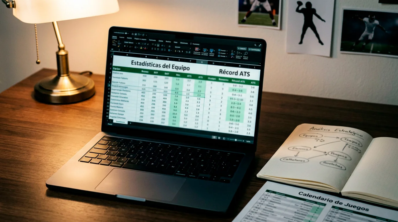 Analista revisando estadísticas y datos de partidos de fútbol americano universitario en un escritorio