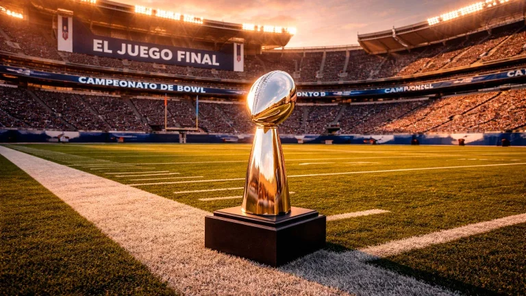 Campo de fútbol americano preparado para un bowl game con el trofeo del campeonato visible al borde del campo