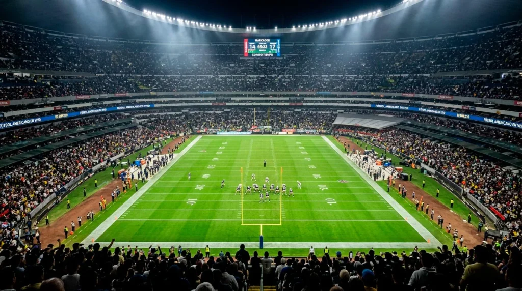 Aficionados en las gradas de un estadio universitario siguiendo un partido nocturno de fútbol americano con el campo iluminado