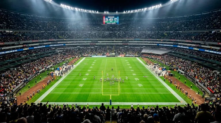 Aficionados en las gradas de un estadio universitario siguiendo un partido nocturno de fútbol americano con el campo iluminado