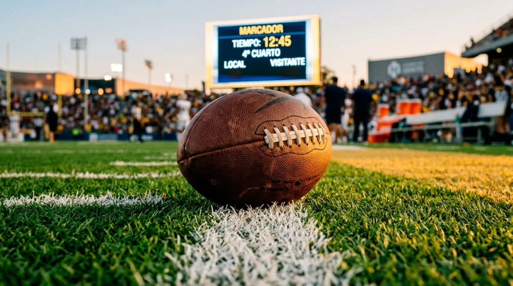 Balón de fútbol americano sobre el campo de juego universitario con marcador iluminado de fondo
