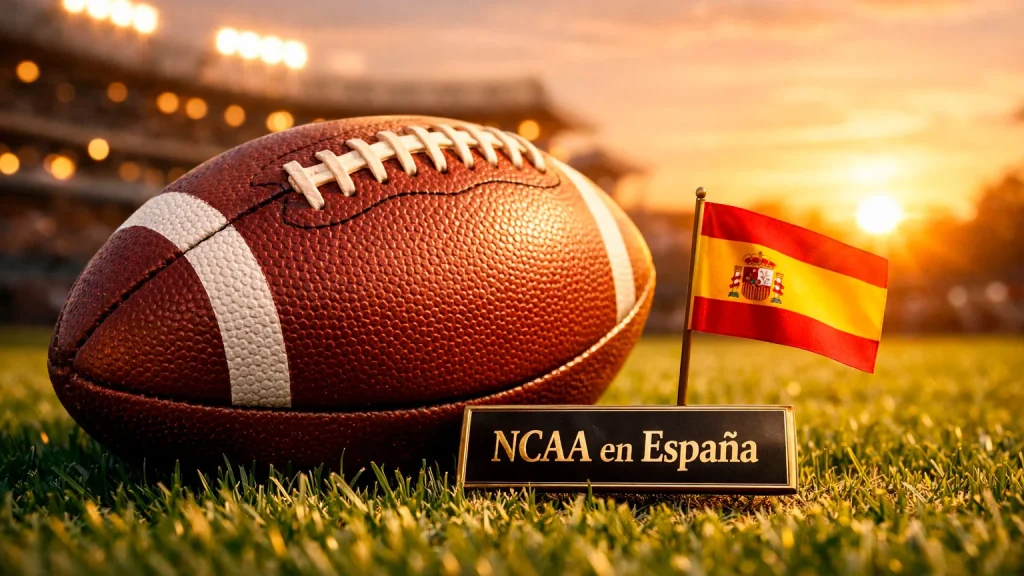 Balón de fútbol americano sobre césped con bandera de España al fondo y luces de estadio