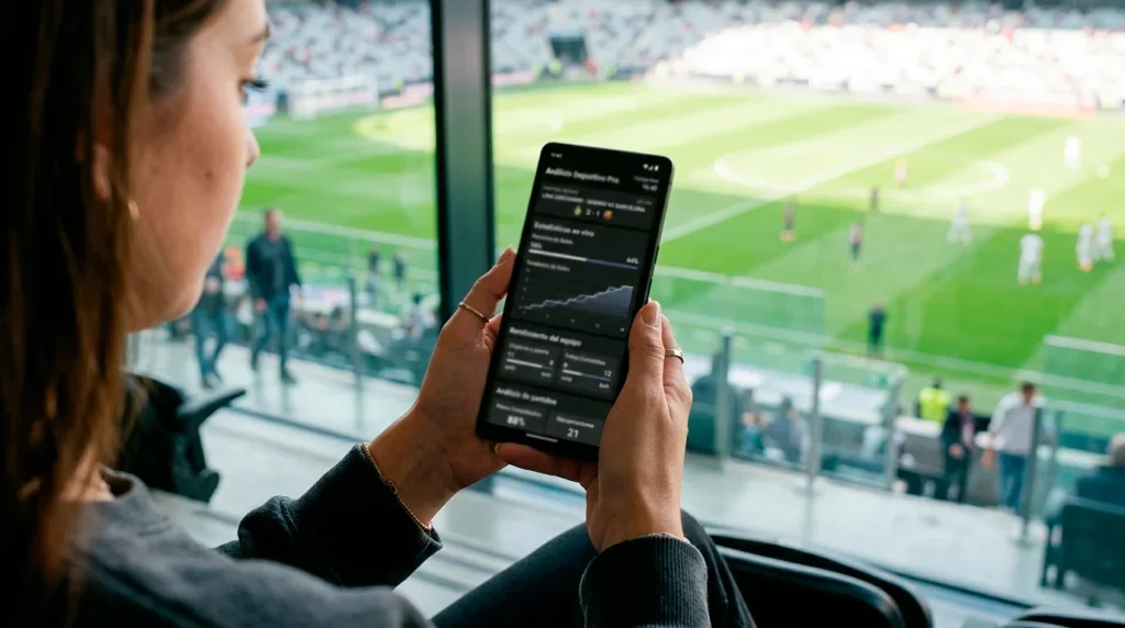 Persona consultando estadísticas deportivas en la pantalla de un teléfono móvil con un estadio de fondo desenfocado