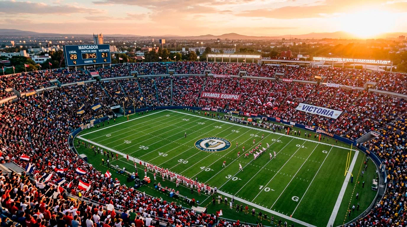 Estadio de fútbol americano universitario lleno de aficionados durante un partido de la NCAA