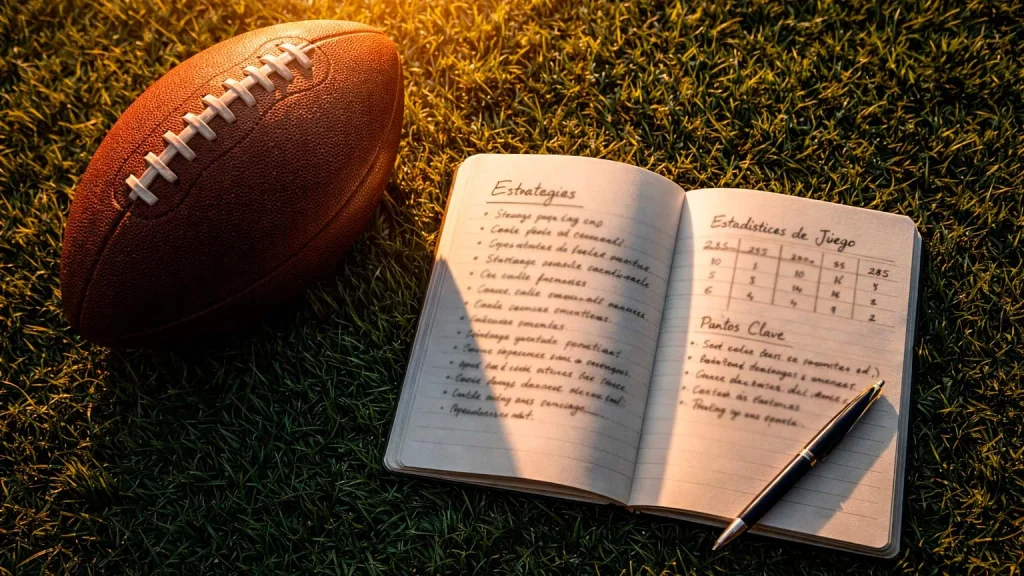Cuaderno de análisis con estadísticas de fútbol americano universitario junto a un balón de football sobre césped