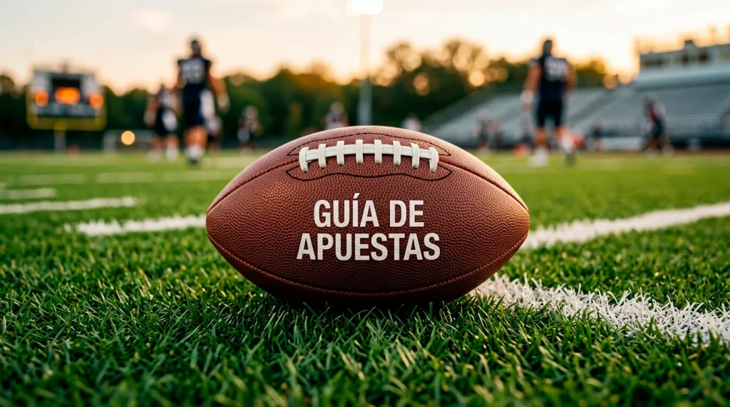 Balón de fútbol americano sobre césped verde de campo deportivo con líneas de yardas visibles al fondo