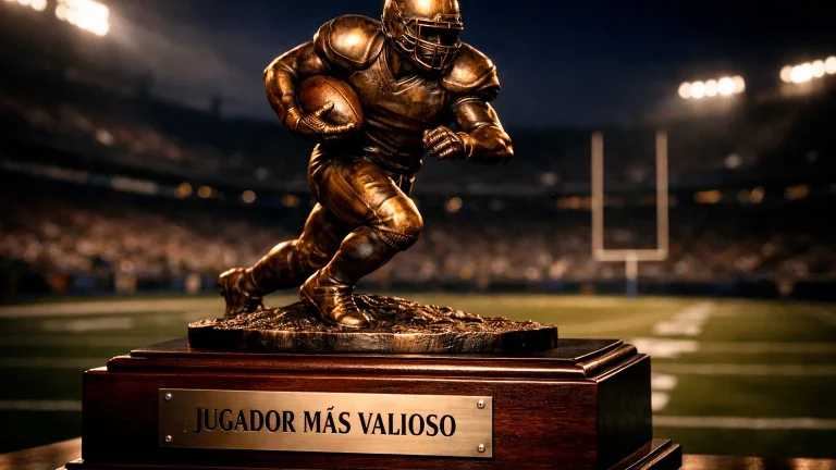 Trofeo dorado del Heisman Trophy sobre un pedestal con el campo de fútbol americano universitario de fondo