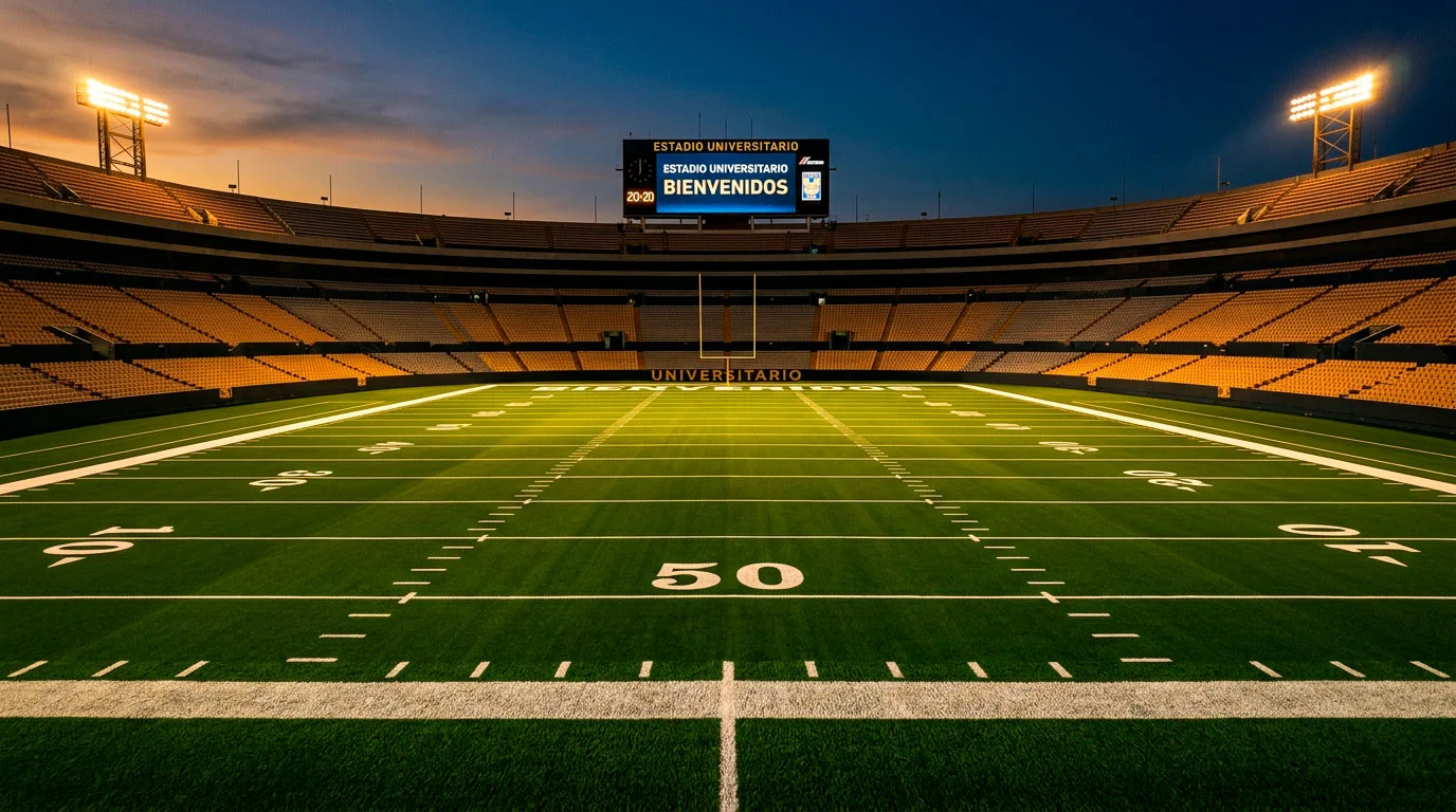Campo de fútbol americano universitario con líneas de yardas iluminadas bajo reflectores