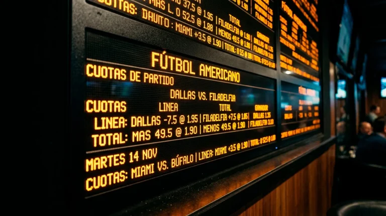 Tablero de cuotas de apuestas deportivas iluminado mostrando líneas numéricas de distintos partidos de fútbol americano