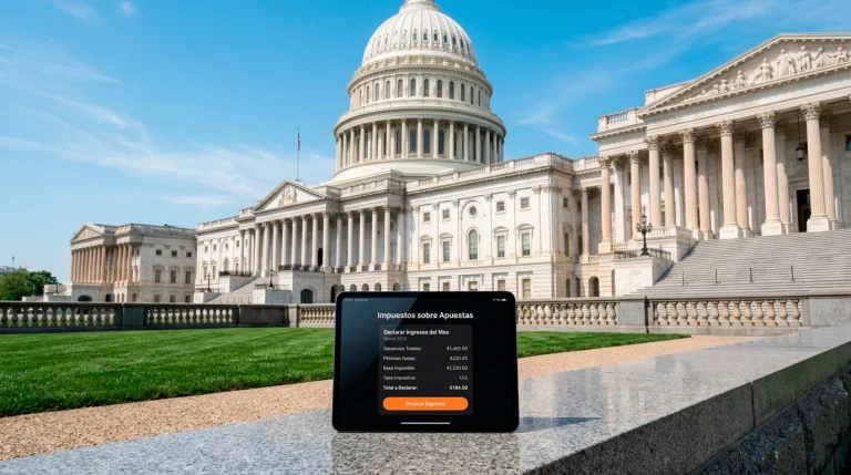 Edificio del capitolio estatal en Estados Unidos con un campo de fútbol americano al fondo