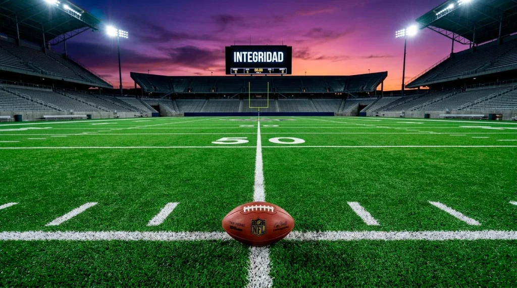 Campo de fútbol americano universitario vacío con líneas de yardas marcadas y gradas al fondo bajo iluminación artificial