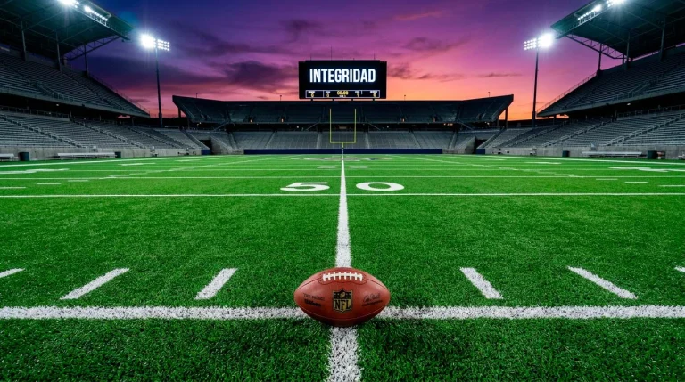 Campo de fútbol americano universitario vacío con líneas de yardas marcadas y gradas al fondo bajo iluminación artificial