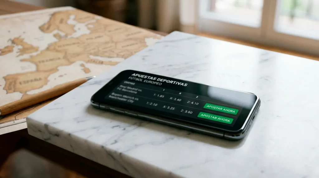 Smartphone mostrando una aplicación de apuestas deportivas sobre un mapa de Europa