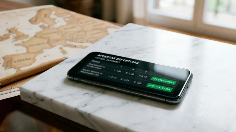 Smartphone mostrando una aplicación de apuestas deportivas sobre un mapa de Europa