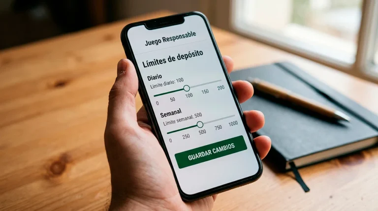 Mano de persona configurando límites de depósito en la pantalla de un smartphone con una aplicación de apuestas