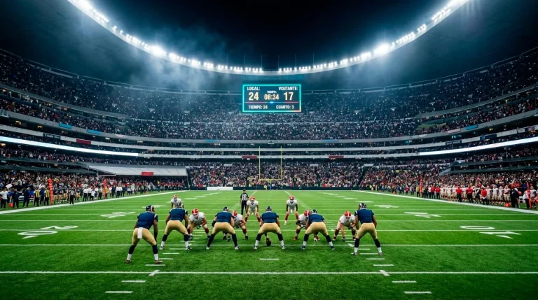 Panorámica de un estadio de fútbol americano en Estados Unidos con marcador electrónico iluminado durante un partido nocturno