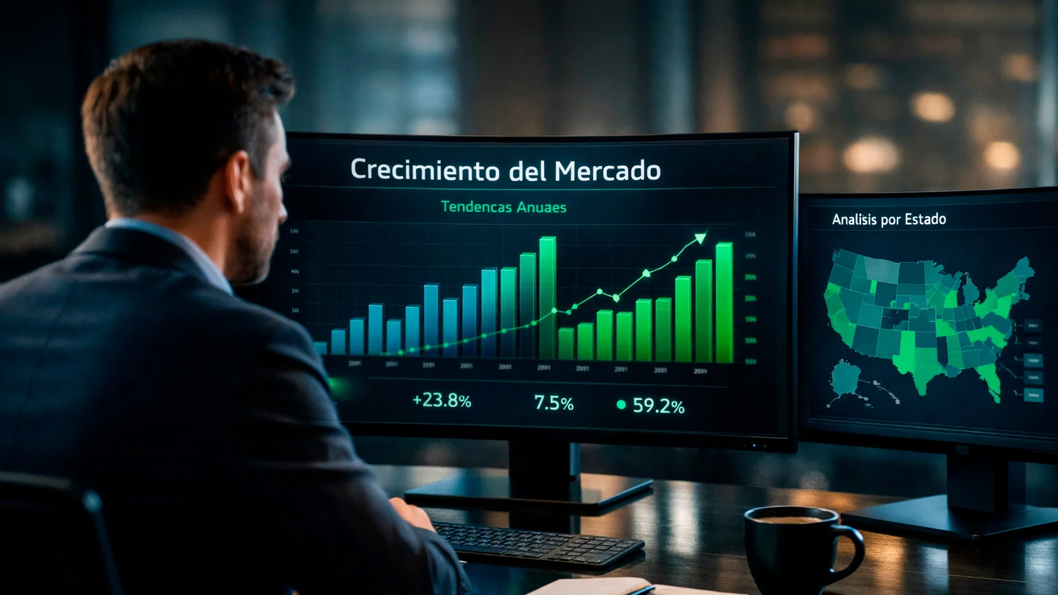 Persona analizando gráficos de volumen del mercado de apuestas deportivas en una pantalla