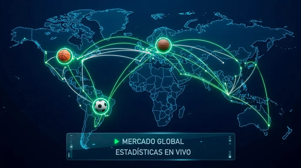 Mapa mundial iluminado con iconos deportivos representando el mercado global de apuestas deportivas