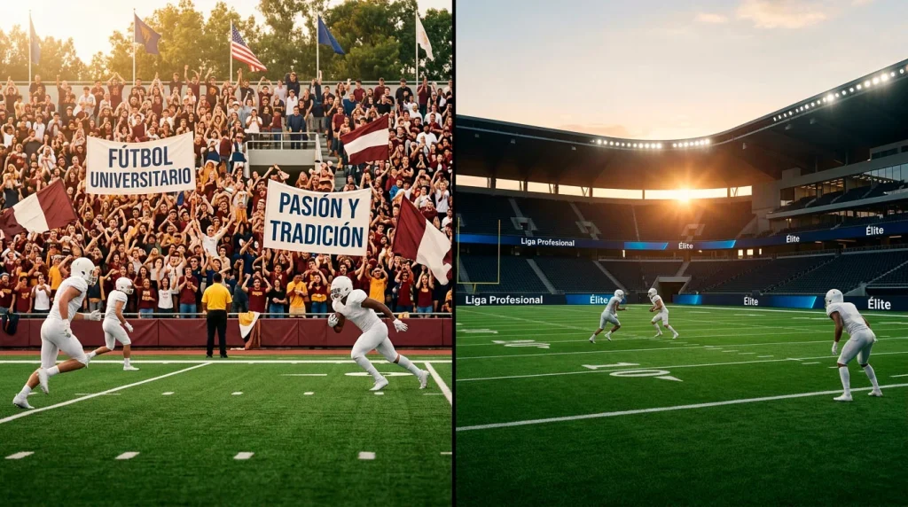 Campo de fútbol americano universitario dividido a la mitad con un campo profesional mostrando las diferencias de ambiente