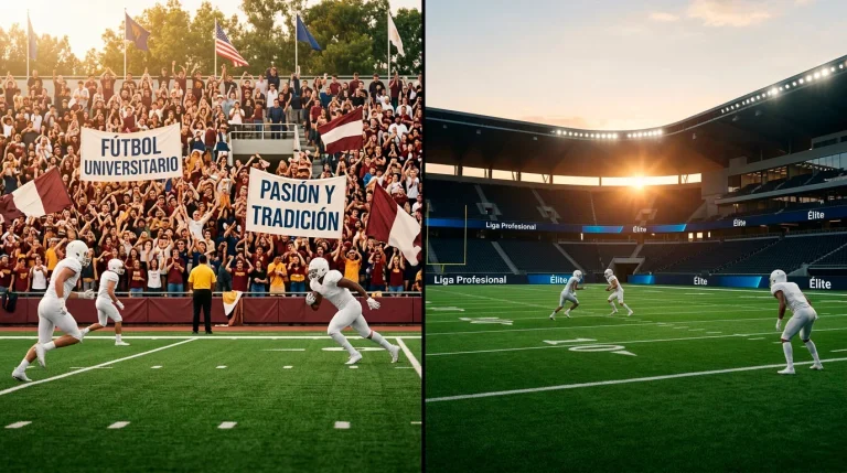 Campo de fútbol americano universitario dividido a la mitad con un campo profesional mostrando las diferencias de ambiente