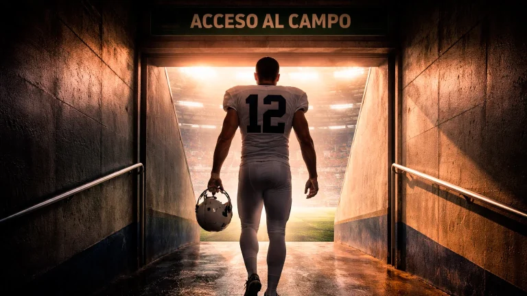 Jugador de fútbol americano universitario con casco y equipación completa caminando por el túnel de acceso al campo del estadio