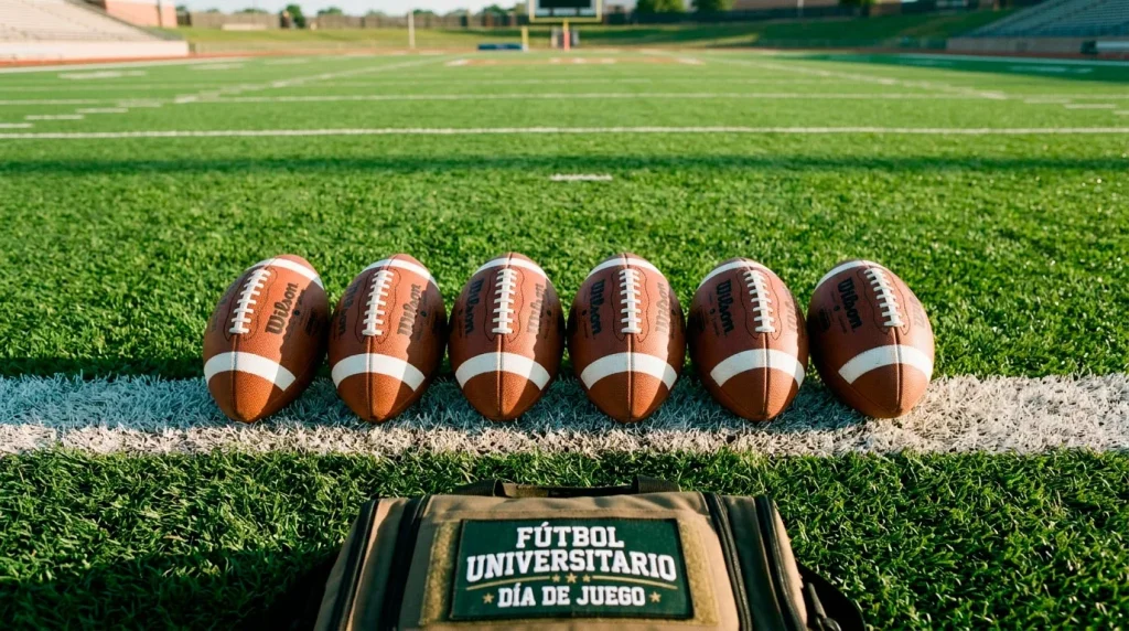 Varios balones de fútbol americano alineados sobre el césped de un campo universitario antes del inicio de la jornada