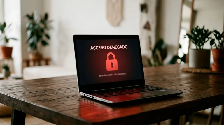 Pantalla de ordenador mostrando un candado de seguridad sobre una página web bloqueada
