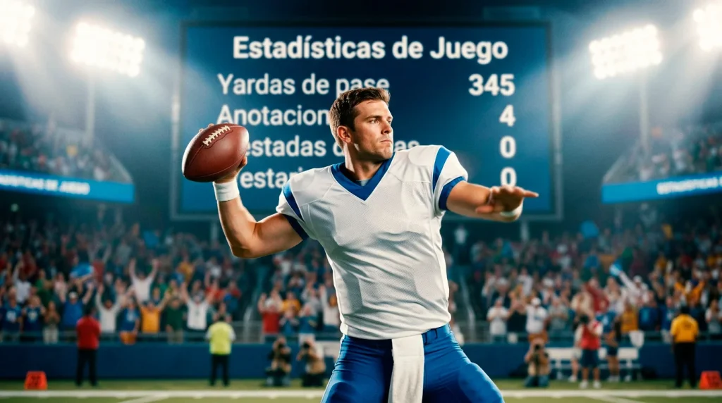 Quarterback universitario lanzando un pase durante un partido de fútbol americano con estadísticas visibles en la pantalla del estadio