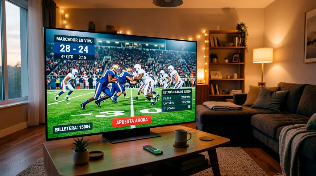 Pantalla de televisión grande retransmitiendo un partido de fútbol americano universitario en un salon