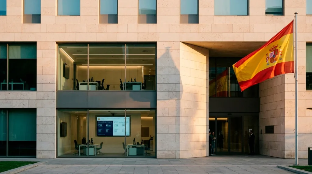 Edificio institucional con bandera de España y pantalla mostrando datos del mercado de apuestas deportivas online regulado por la DGOJ