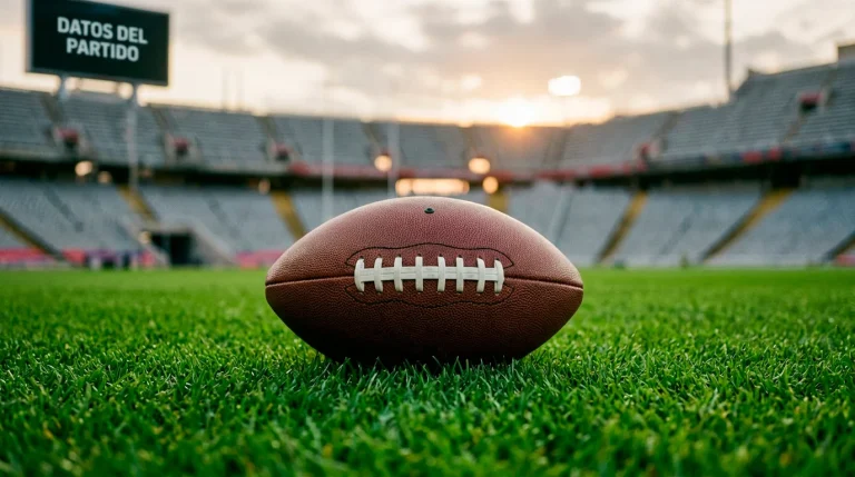 Balón de fútbol americano sobre cesped verde de un estadio profesional antes de un gran partido
